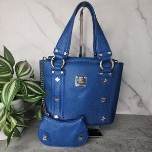 MCM Royal Blue Small Flap Double-Handle Tote with Studs